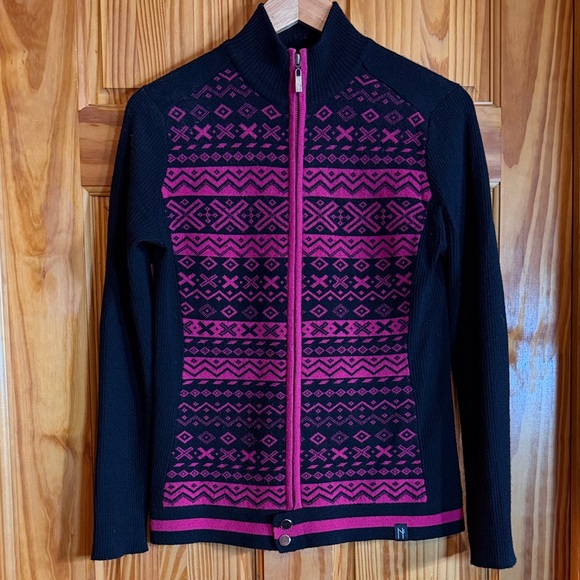 Neve Sweaters - Neve Wool Black and Pink Geometric Zip-up Sweater